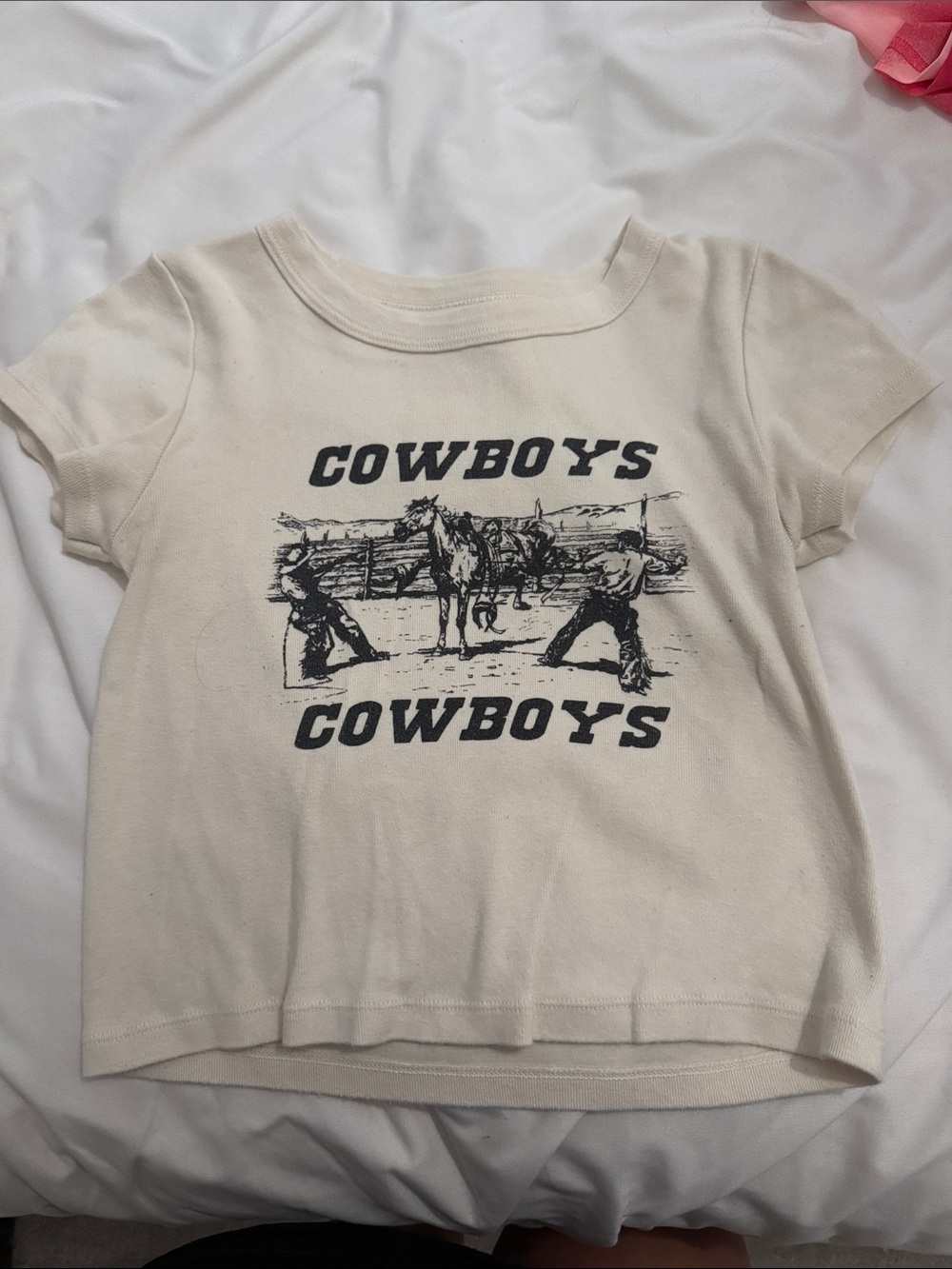 Brandy Melville Cream Tee with Navy Cowboys Graphic
